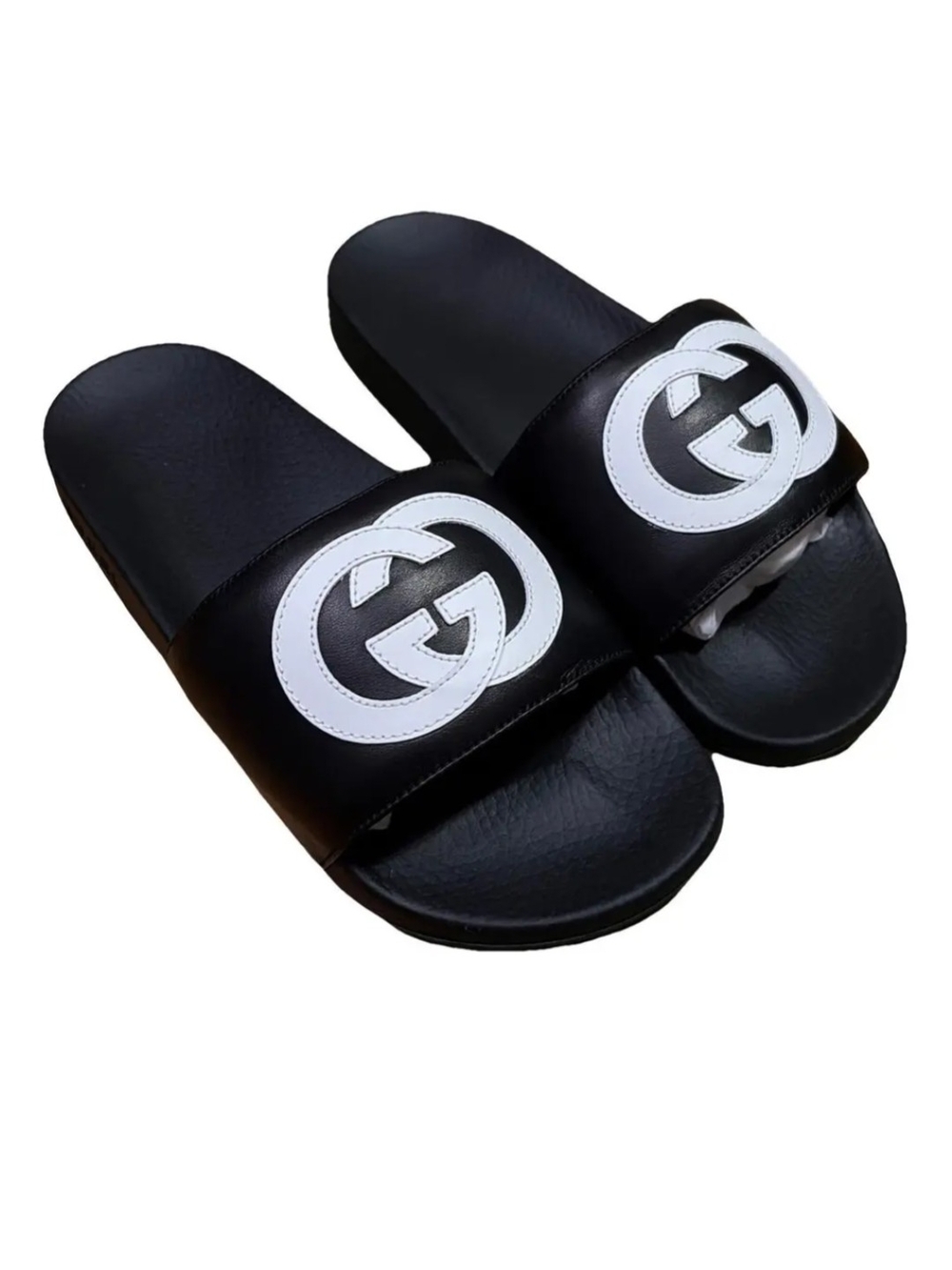Gucci Style Black Slide Sandals with White Logo Accent